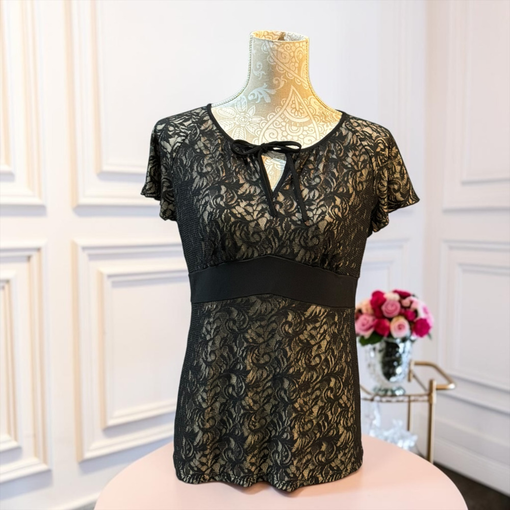 Alfani Petite Black & Tan Lace Short Sleeve Blouse with Keyhole Tie Neck SZ P/L